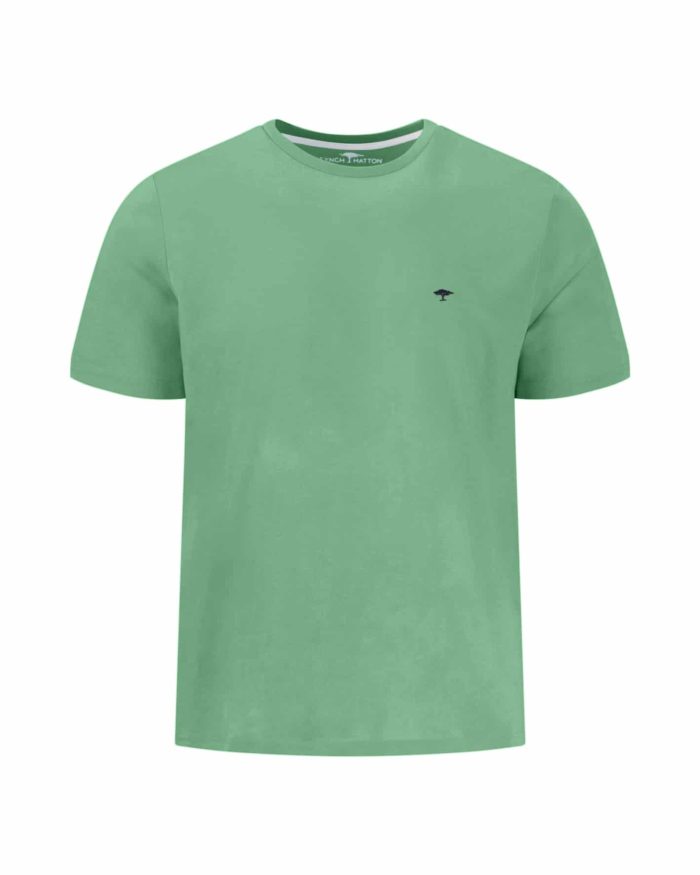 Green short-sleeved T-shirt with a small dark emblem on the left side of the chest.