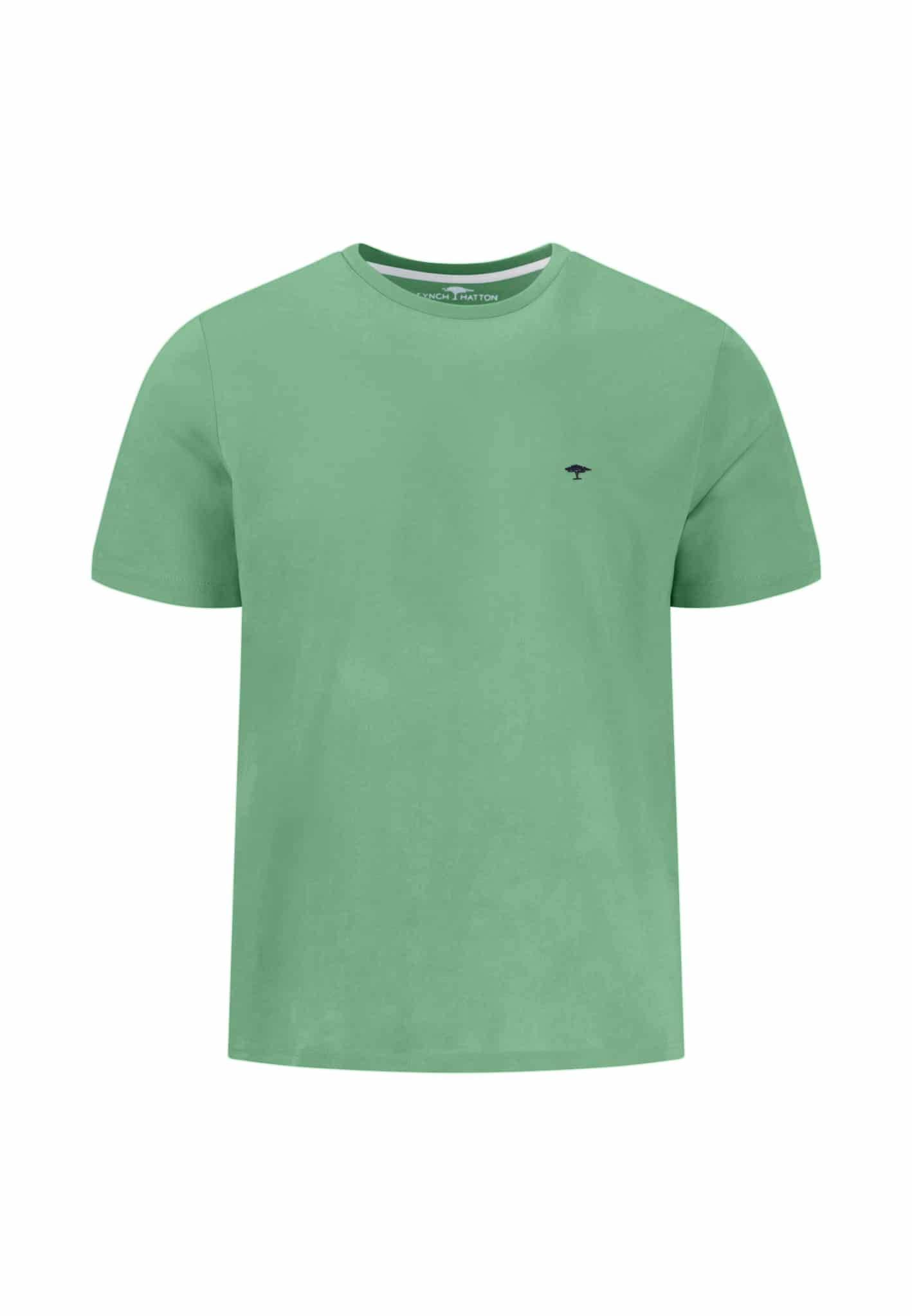 Green short-sleeved T-shirt with a small dark emblem on the left side of the chest.