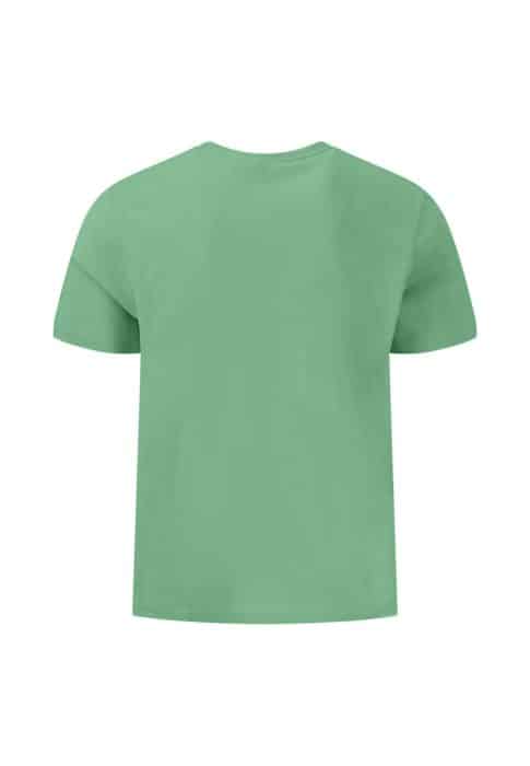 Back view of a plain green T-shirt on a white background. The garment has short sleeves and a simple round neckline, showcasing a minimalist design.