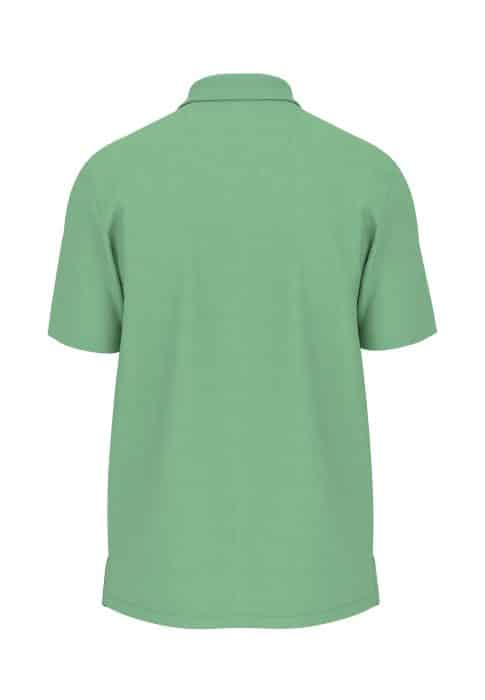 The image shows the back view of a short-sleeved, light green polo shirt. The shirt has a simple design with a collar and no visible logos or patterns, set against a plain white background.