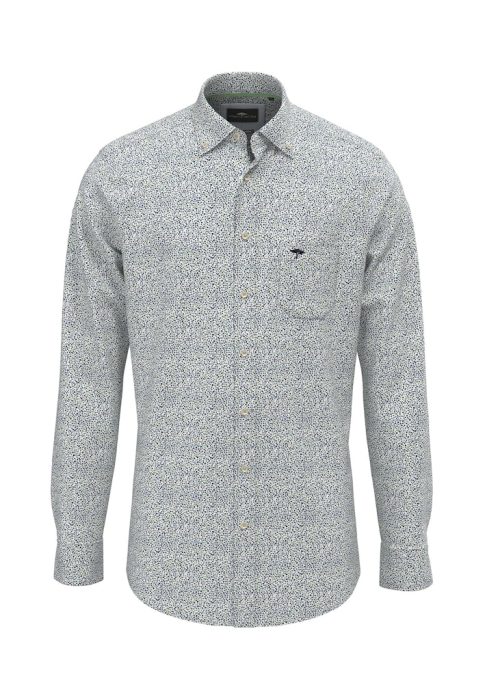 Mens long-sleeve button-down shirt with a subtle gray and white speckled pattern. Features a chest pocket and small logo.