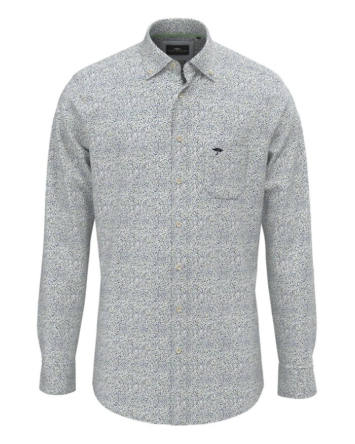 Mens long-sleeve button-down shirt with a subtle gray and white speckled pattern. Features a chest pocket and small logo.