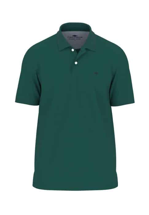 A green polo shirt with short sleeves and a collar. It features a small embroidered emblem on the left chest and has three white buttons on the placket.