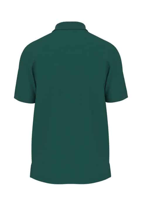 Back view of a plain dark green polo shirt with short sleeves and a collar.