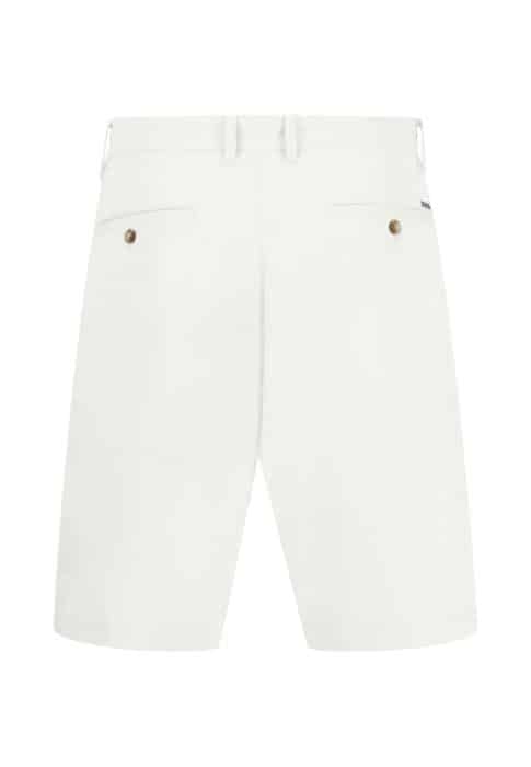 White shorts with belt loops, two back pockets with button closures, and a small tag on the right pocket. The fabric appears smooth and the shorts are neatly tailored, viewed from the back against a plain white background.