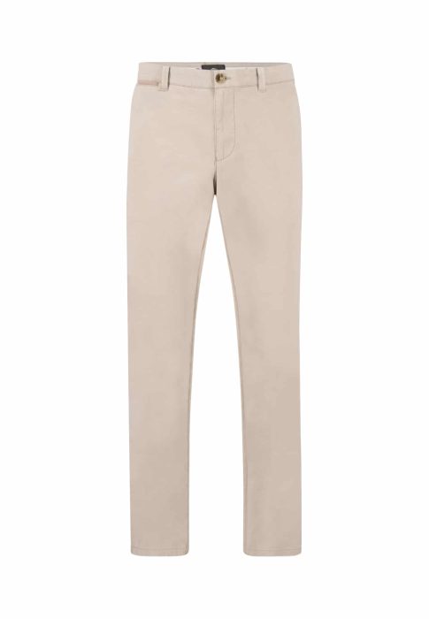 A pair of beige chinos with a straight fit, featuring a button and zipper closure at the waist.