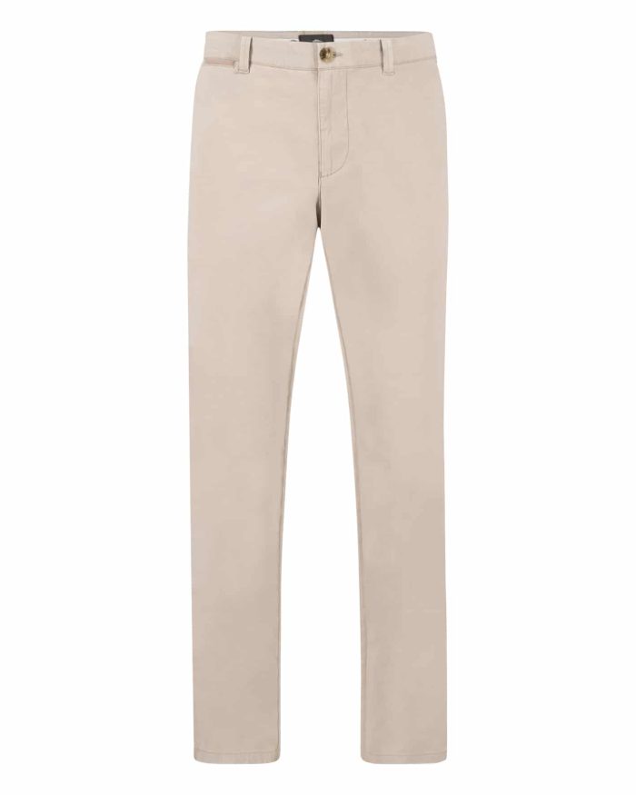 A pair of beige chinos with a straight fit, featuring a button and zipper closure at the waist.