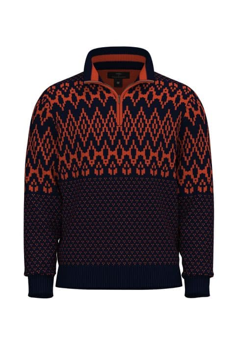 A navy blue and orange patterned sweater with a half-zip collar, featuring a bold, symmetrical geometric design. The color scheme consists of orange diamond-like shapes contrasting against the dark navy background.