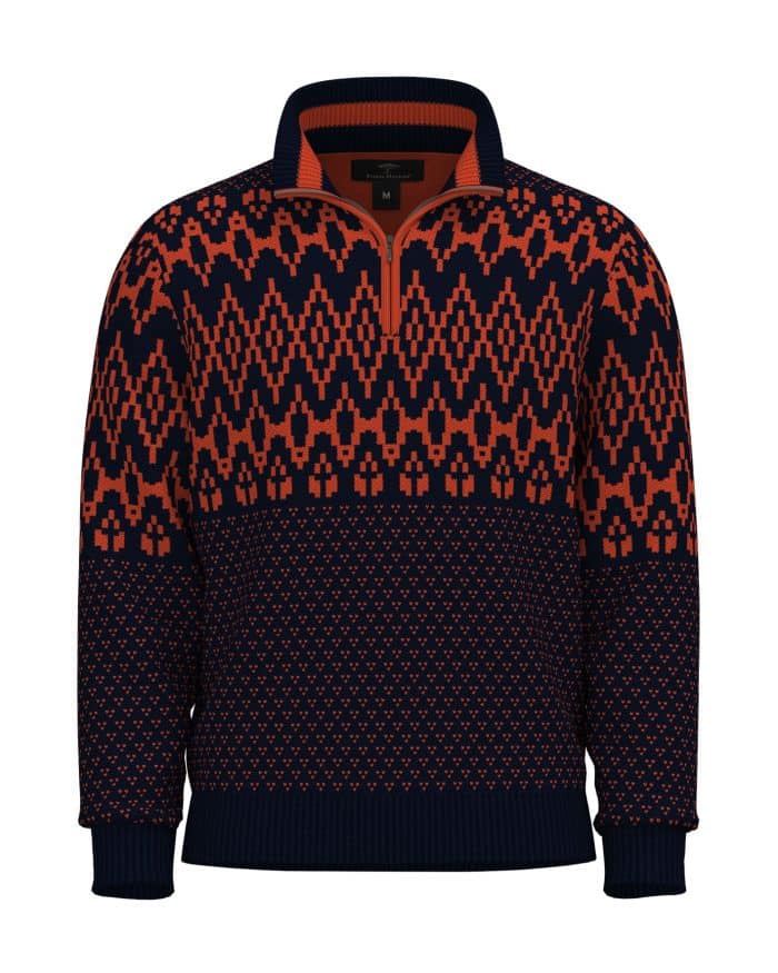 A navy blue and orange patterned sweater with a half-zip collar, featuring a bold, symmetrical geometric design. The color scheme consists of orange diamond-like shapes contrasting against the dark navy background.