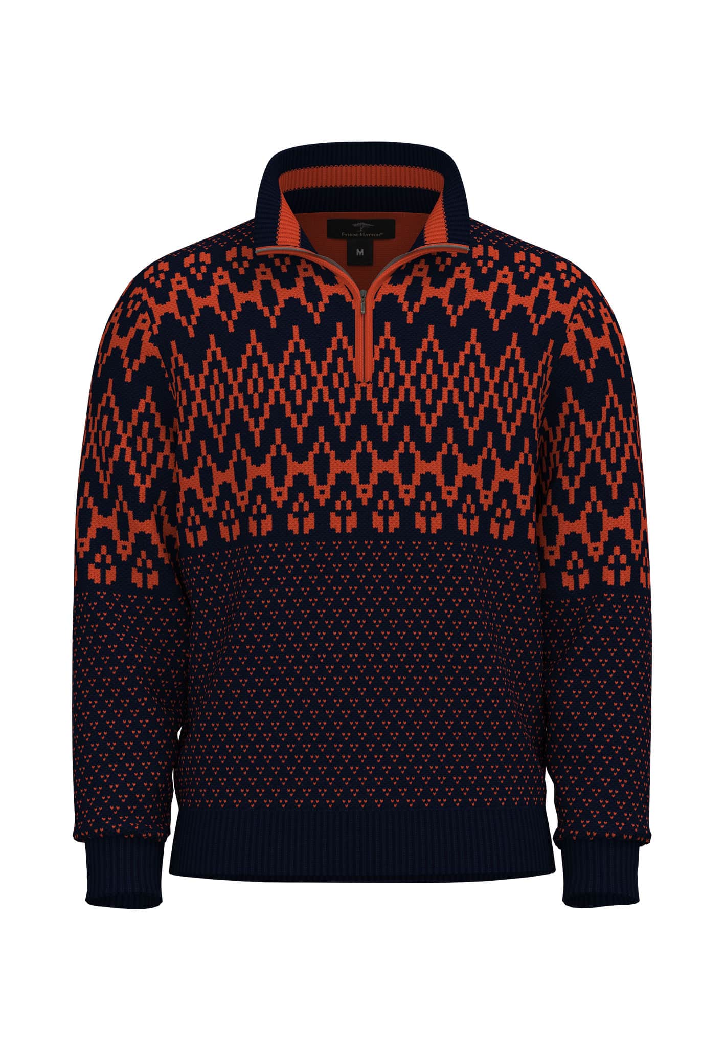 A navy blue and orange patterned sweater with a half-zip collar, featuring a bold, symmetrical geometric design. The color scheme consists of orange diamond-like shapes contrasting against the dark navy background.