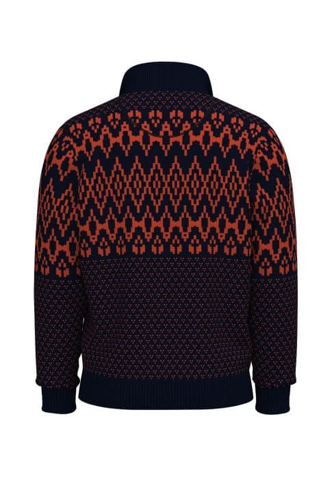 Back view of a dark blue knitted sweater featuring an intricate orange geometric pattern across the shoulders and upper body. The sweater has a high collar and ribbed cuffs.