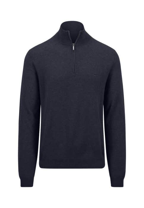 Dark gray quarter-zip sweater with long sleeves and a ribbed collar, cuffs, and hemline. Subtle brand logo on the left chest.