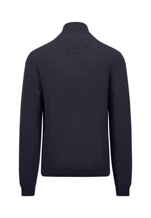 Back view of a black long-sleeve sweater with a high collar. The sweater has ribbed cuffs and a ribbed hem.