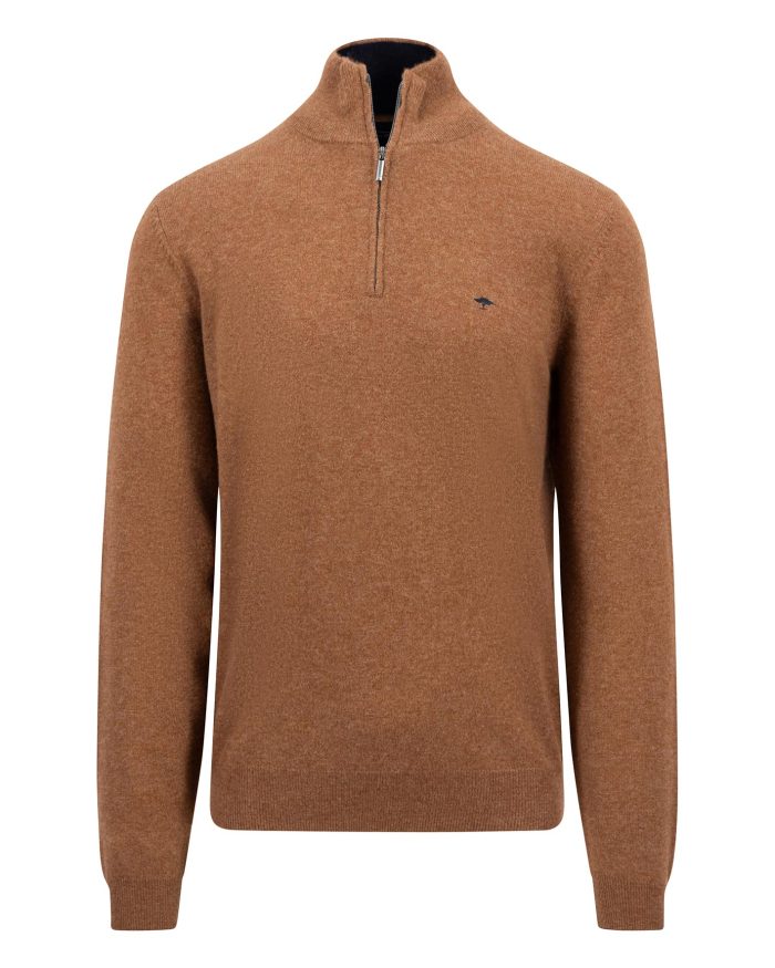 Brown quarter-zip sweater with long sleeves and ribbed cuffs and hem, featuring a small embroidered logo on the left chest.