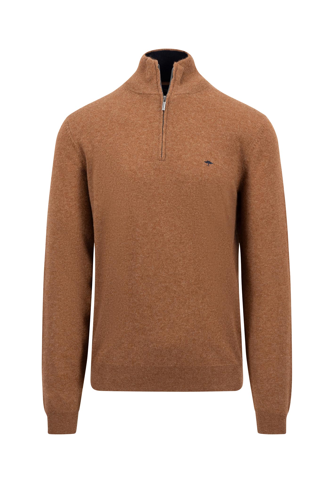 Brown quarter-zip sweater with long sleeves and ribbed cuffs and hem, featuring a small embroidered logo on the left chest.