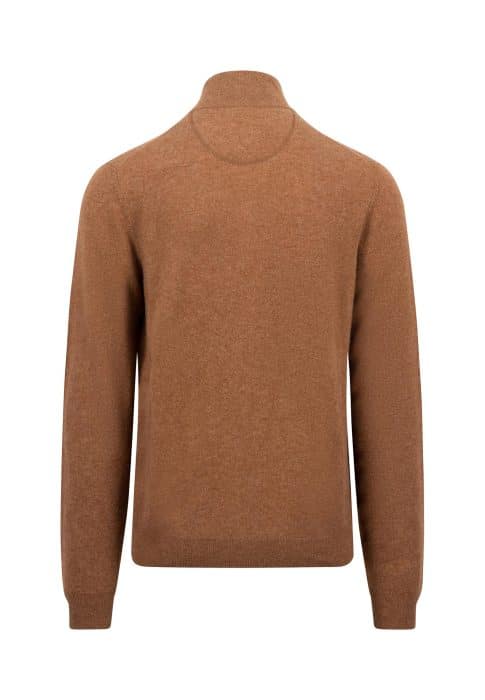 A brown, long-sleeved turtleneck sweater displayed on a plain background. The sweaters back view shows a seamless design with ribbed cuffs and hem. The fabric appears soft and slightly textured.