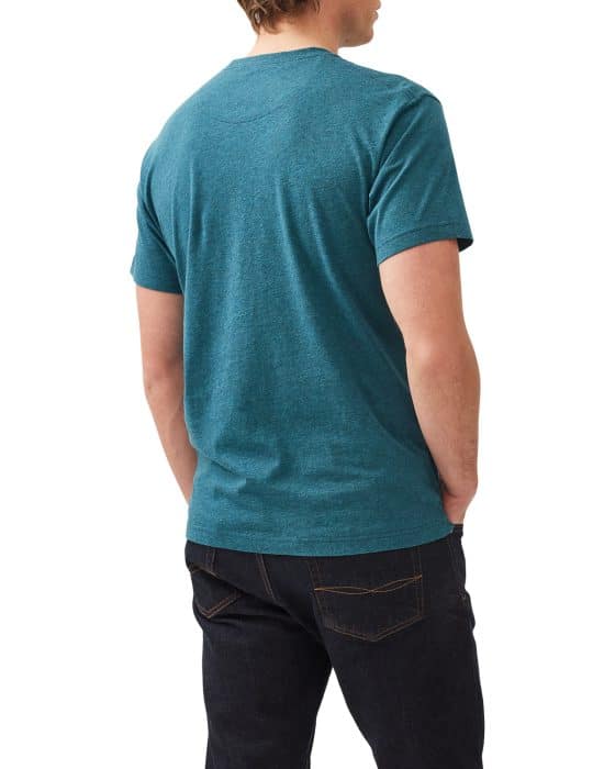 A person with light skin is standing with their back to the camera, wearing a teal T-shirt and dark jeans. The arms are relaxed by their sides. The background is plain and white.