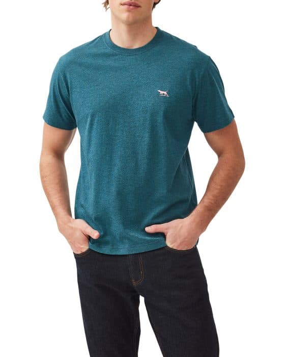 A person wearing a teal t-shirt with a small animal logo on the chest and dark jeans stands with hands in pockets. The face is not visible.