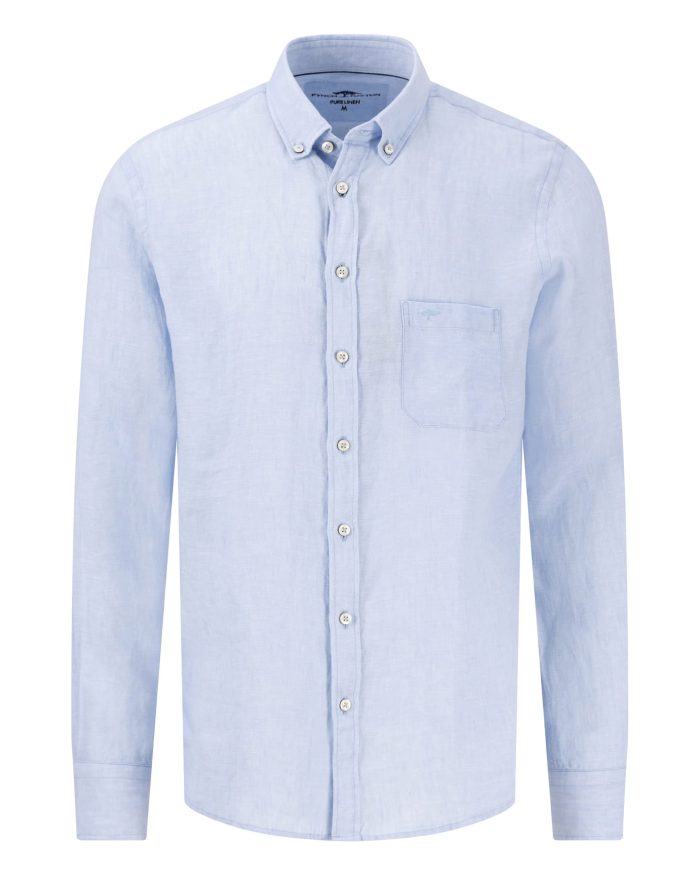 Light blue button-up shirt with a collar and chest pocket. The shirt has long sleeves and white buttons down the front and on the collar tips. It is neatly pressed and has a classic, casual style.