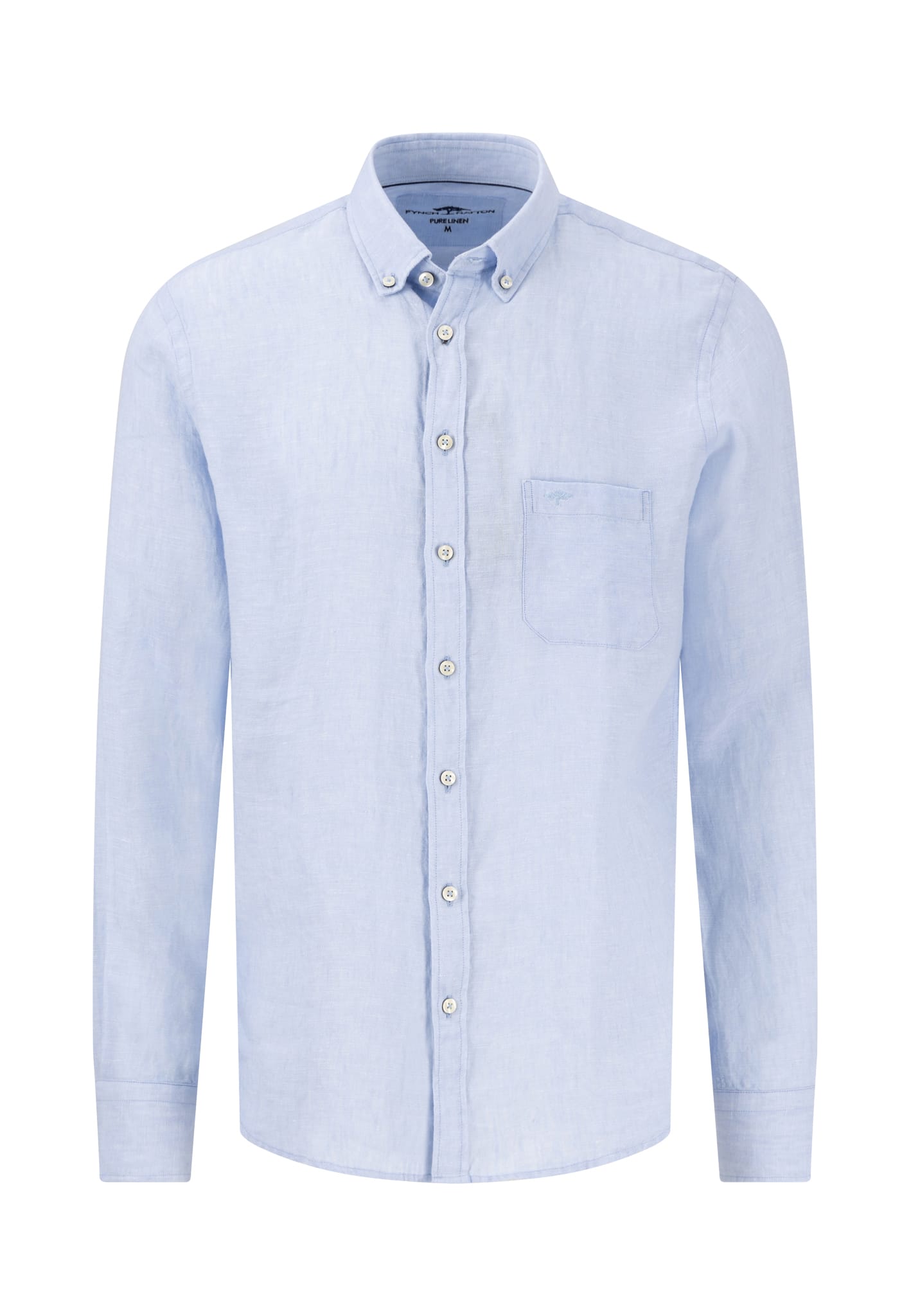 Light blue button-up shirt with a collar and chest pocket. The shirt has long sleeves and white buttons down the front and on the collar tips. It is neatly pressed and has a classic, casual style.