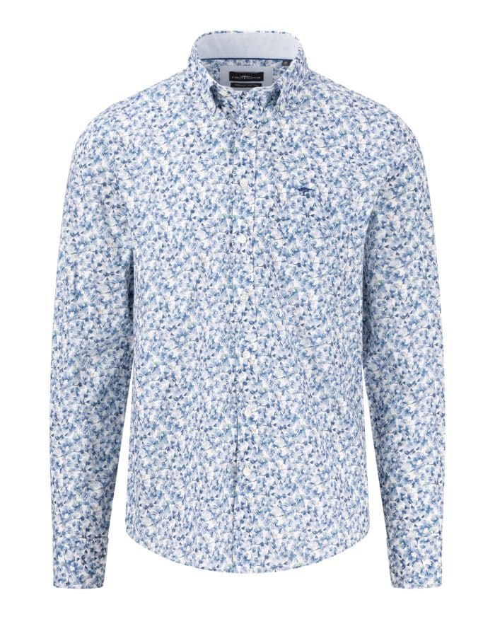 Mens long-sleeve button-up shirt with a blue and white floral pattern. It features a small logo on the chest, a classic collar, and buttoned cuffs.