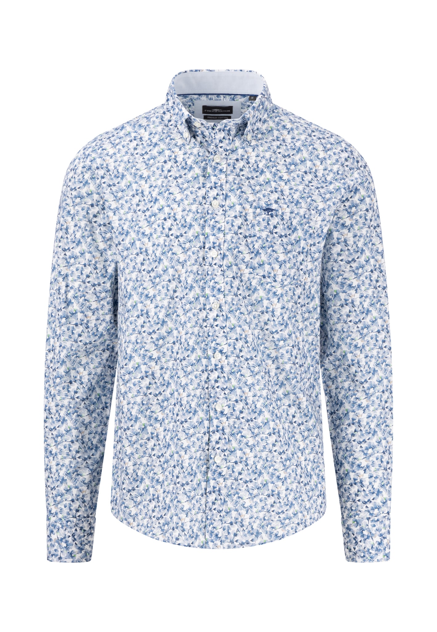 Mens long-sleeve button-up shirt with a blue and white floral pattern. It features a small logo on the chest, a classic collar, and buttoned cuffs.