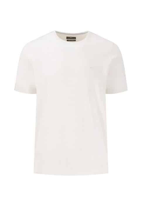 White short-sleeved crew neck t-shirt against a plain background.