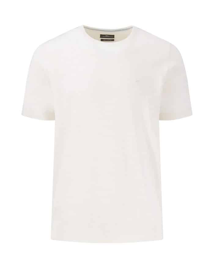 White short-sleeved crew neck t-shirt against a plain background.