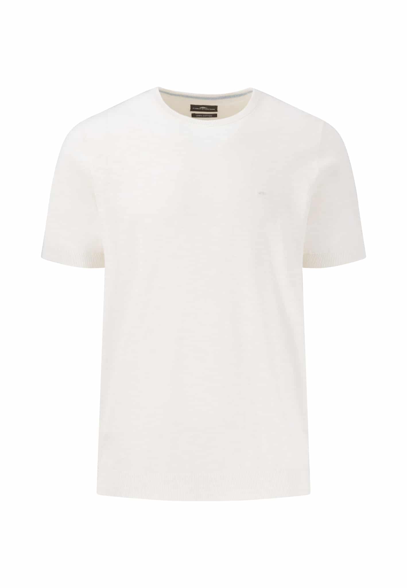 White short-sleeved crew neck t-shirt against a plain background.