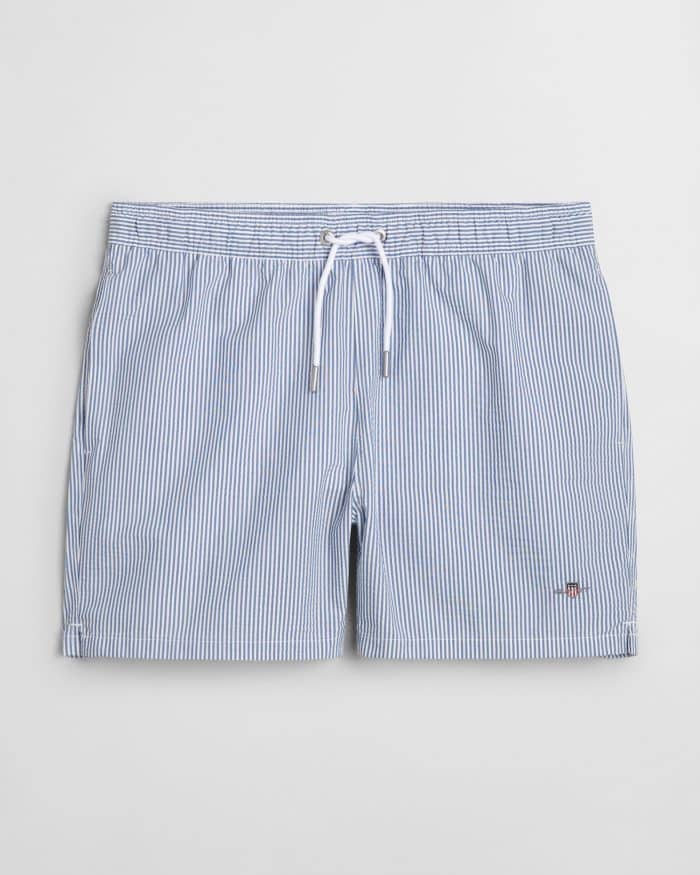 Blue and white striped swim shorts with an elastic waistband and white drawstring. The shorts have a subtle embroidered logo near the bottom hem on the left side.