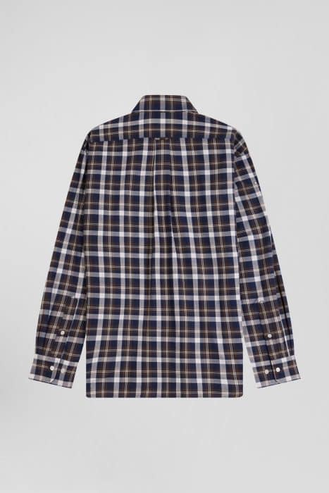 A long-sleeved plaid shirt featuring a blue, white, and brown checkered pattern is displayed against a plain white background, shown from the back.