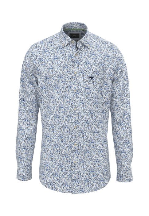 A mens long-sleeve button-up shirt with a small blue and white floral pattern, featuring a collar and a small embroidered logo on the left chest.