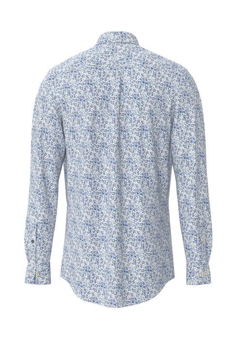 A long-sleeved, button-up shirt with a blue and white small floral print, shown from the back against a white background.