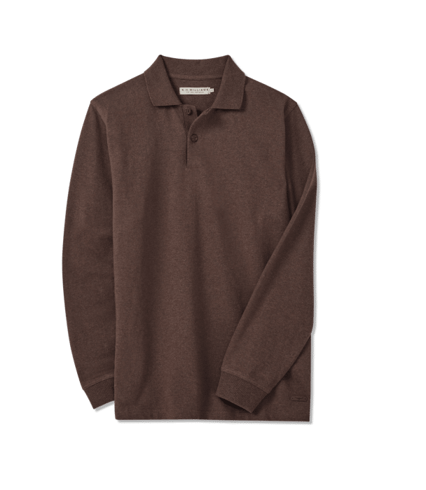 A long-sleeve brown polo shirt with a collar and two buttons, laid flat on a plain background.