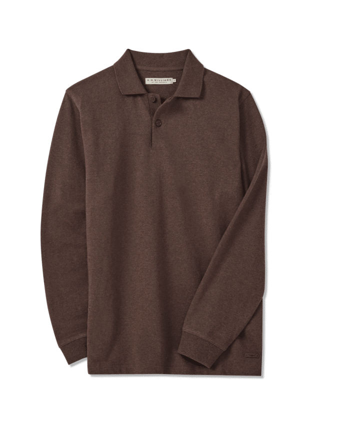 A long-sleeve brown polo shirt with a collar and two buttons, laid flat on a plain background.