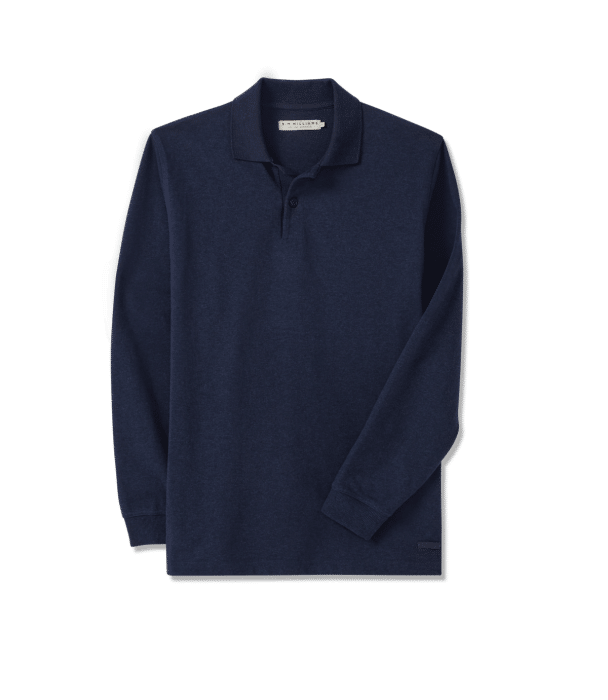 A navy blue long-sleeve polo shirt with a collar and two buttons, neatly laid flat against a white background.