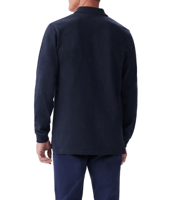 A person wearing a long-sleeve, dark navy collared shirt and matching pants is shown from the back, standing with one arm slightly bent. The background is transparent.