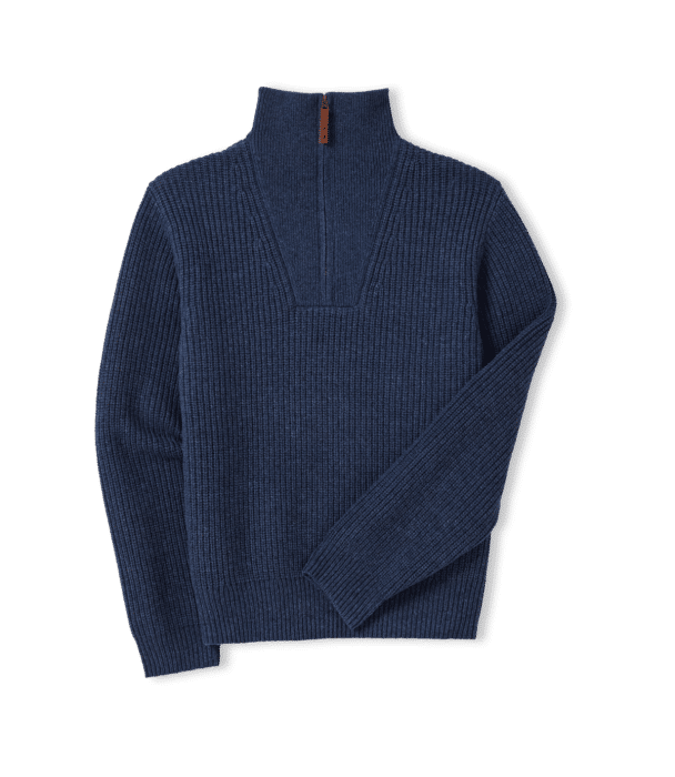 A blue, long-sleeve, ribbed knit sweater with a half-zip collar, laid flat on a plain background.