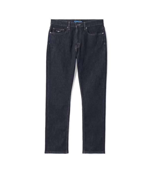 A pair of classic straight-leg, dark blue denim jeans with five pockets and visible stitching, displayed flat against a white background.
