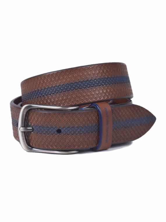 A textured brown leather belt with a blue stripe down the center, featuring a silver buckle and Michael Belledo engraved near the tip. The belt is rolled up in a loop.