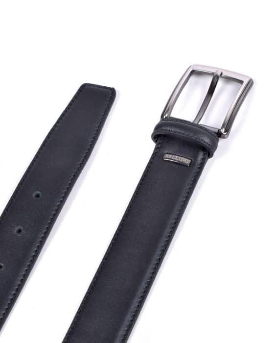 A black leather belt with a silver metal buckle, shown laid flat with one end featuring holes and the other displaying a metallic BELIDO logo near the buckle.