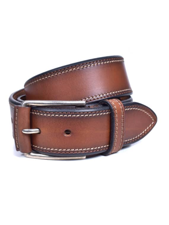 A brown leather belt with white stitching, a silver metal buckle, and a single loop, coiled neatly against a white background.