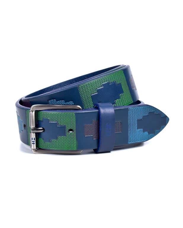 A rolled-up blue leather belt with green and blue woven geometric patterns and a silver buckle.