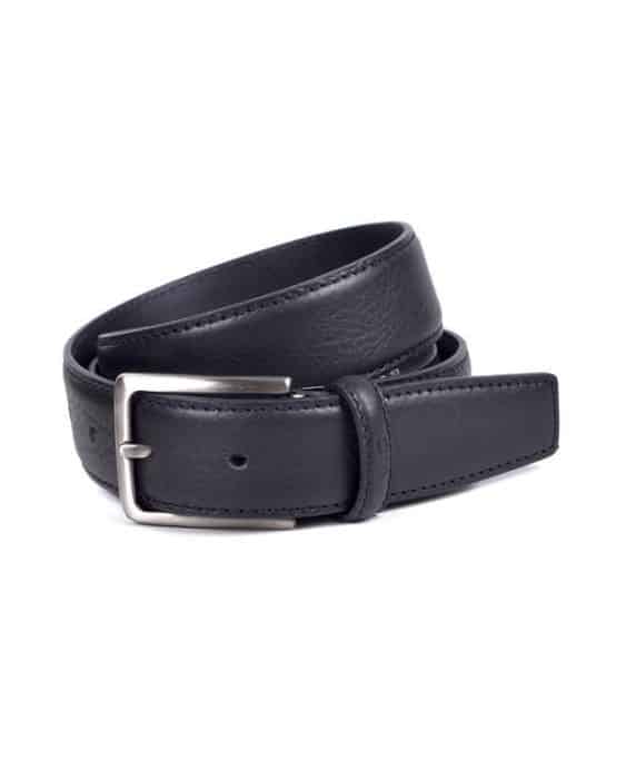 A black leather belt with a silver rectangular buckle, coiled neatly on a white background.
