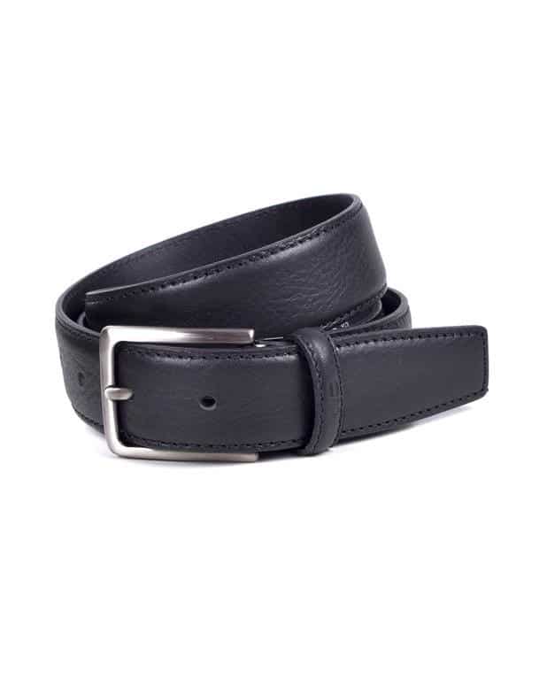 A black leather belt with a silver rectangular buckle, coiled neatly on a white background.