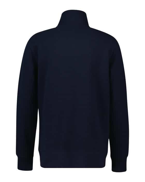 A plain, long-sleeve navy blue pullover sweatshirt is shown from the back, featuring a high collar and ribbed cuffs and waistband. The sweatshirt is displayed against a white background.