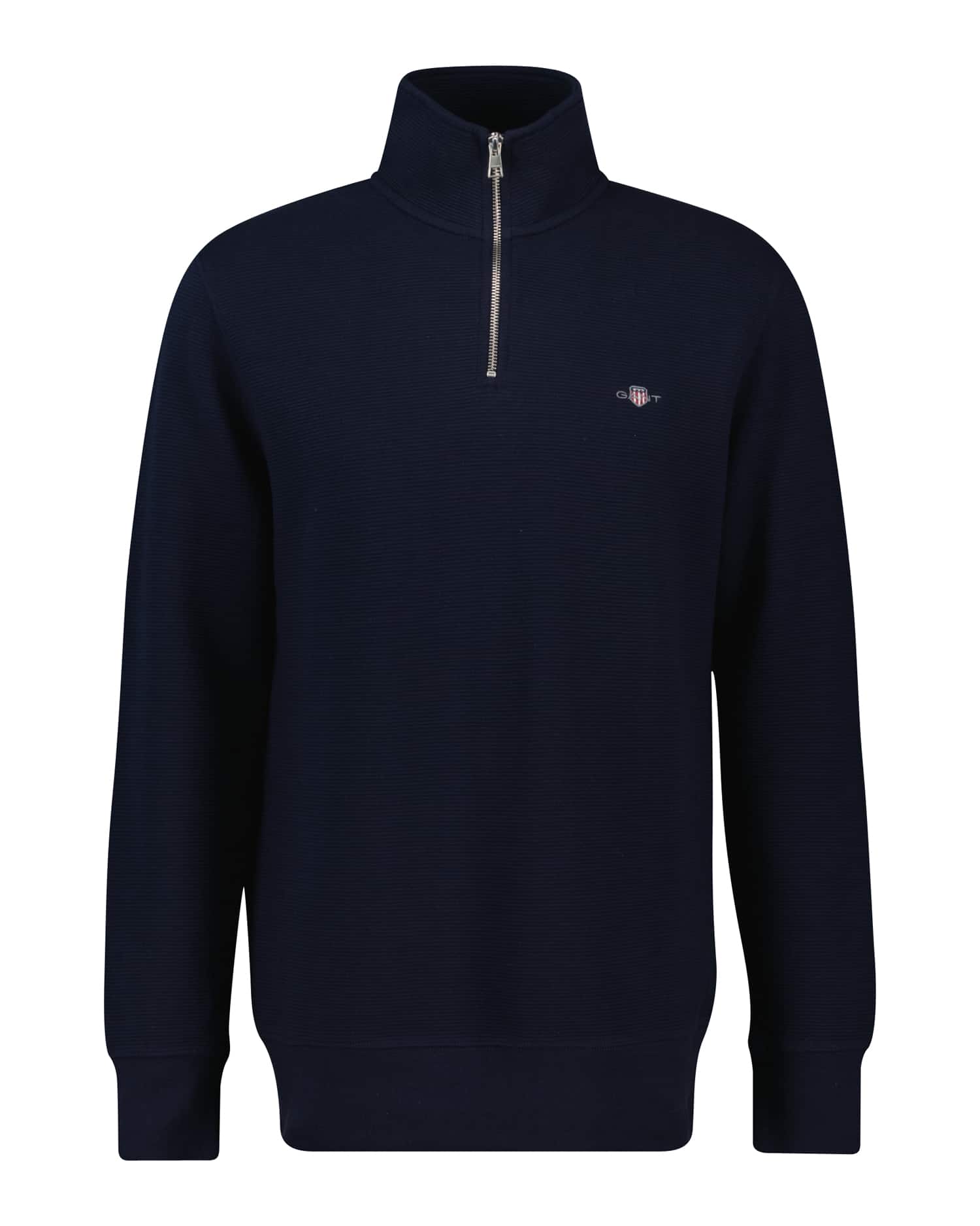 A navy blue quarter-zip pullover sweater with a high collar, long sleeves, and a small embroidered logo on the left chest. The sweater has ribbed cuffs and hem.