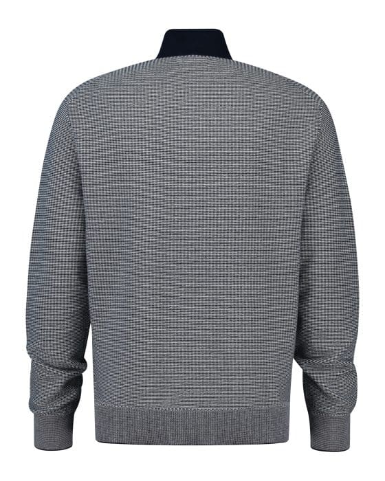 A grey textured sweater with long sleeves, ribbed cuffs, a ribbed hem, and a dark collar, shown from the back against a white background.