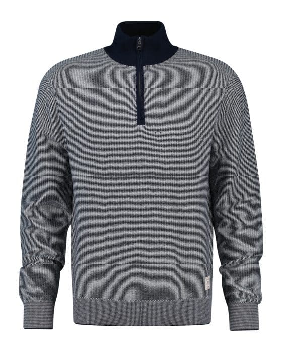 A gray and navy blue mens quarter-zip sweater with a small textured checkered pattern, ribbed cuffs, and a ribbed hem, displayed on a plain white background.