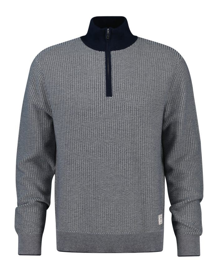 A gray and navy blue mens quarter-zip sweater with a small textured checkered pattern, ribbed cuffs, and a ribbed hem, displayed on a plain white background.
